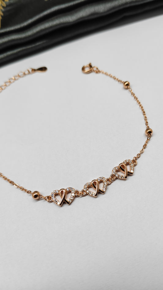 925 Silver Rose Gold Colour Small Double Heart Design Bracelet