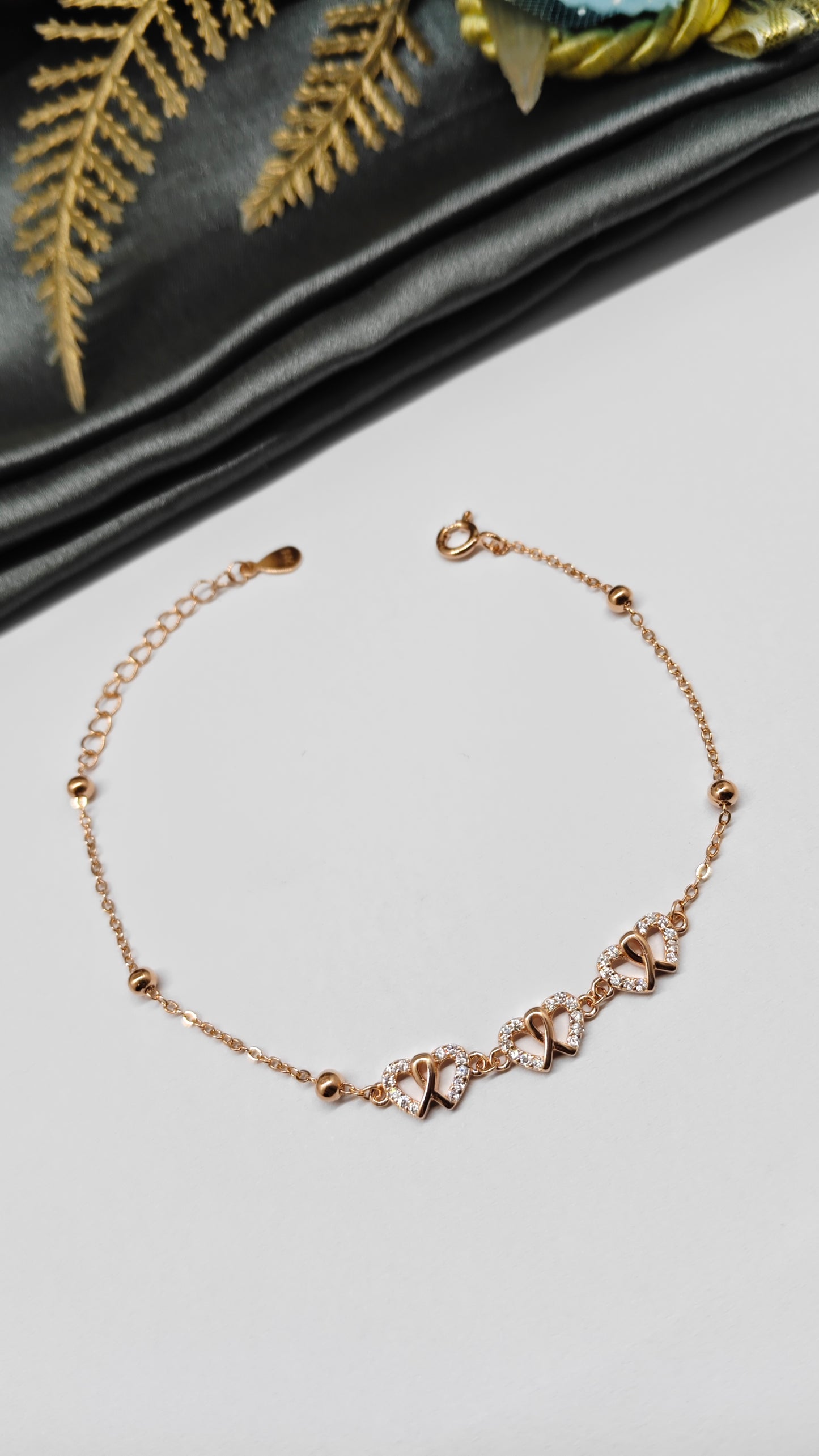 925 Silver Rose Gold Colour Small Double Heart Design Bracelet