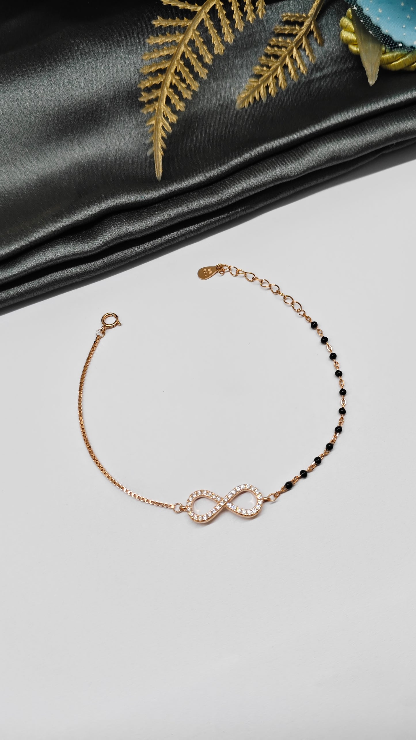 925 Silver Rose Gold Colour Infinity Design With Black Beads Bracelet