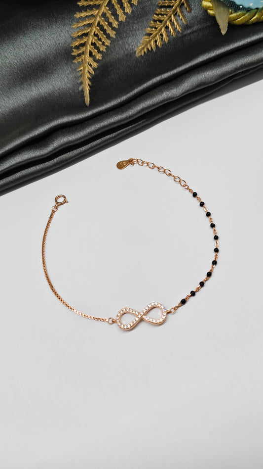 925 Silver Rose Gold Colour Infinity Design With Black Beads Bracelet