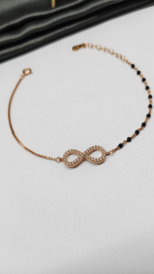 925 Silver Rose Gold Colour Infinity Design With Black Beads Bracelet