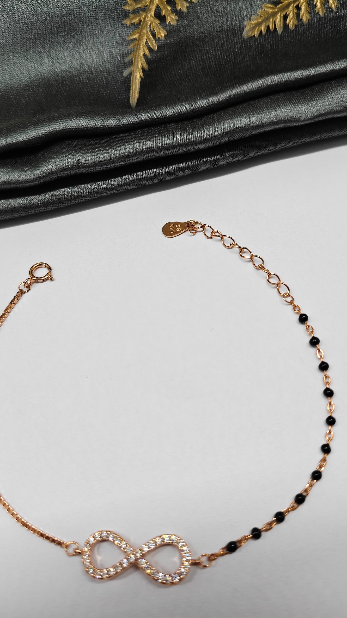 925 Silver Rose Gold Colour Infinity Design With Black Beads Bracelet