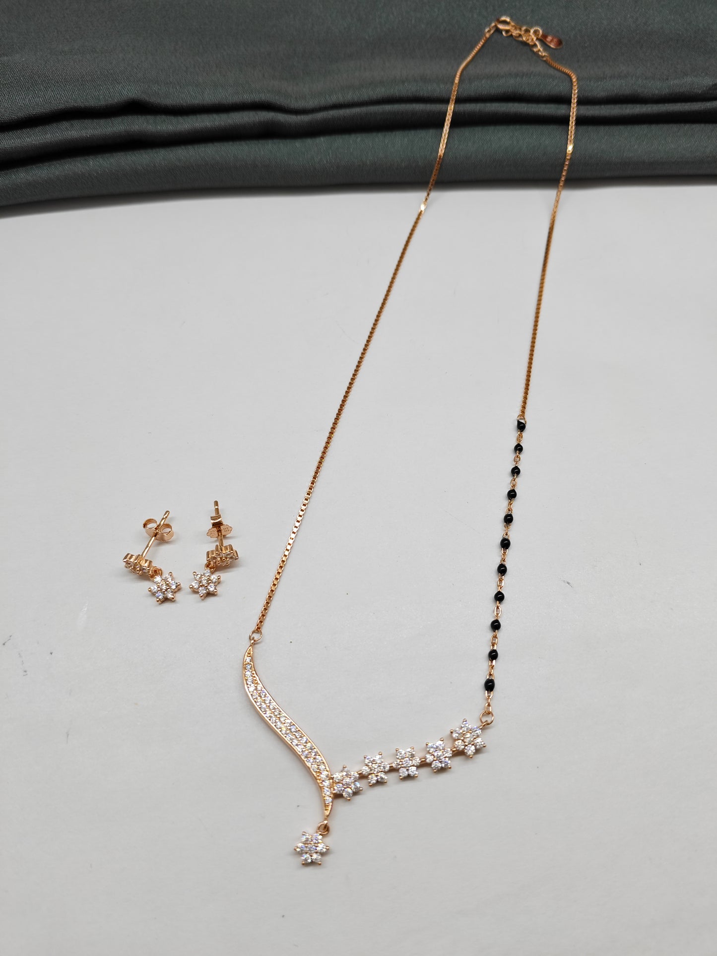 925 Silver Rose Gold Colour Mangalsutra Black Beads White Stone Necklace Set