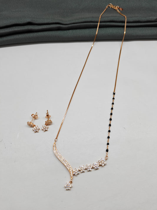 925 Silver Rose Gold Colour Mangalsutra Black Beads White Stone Necklace Set