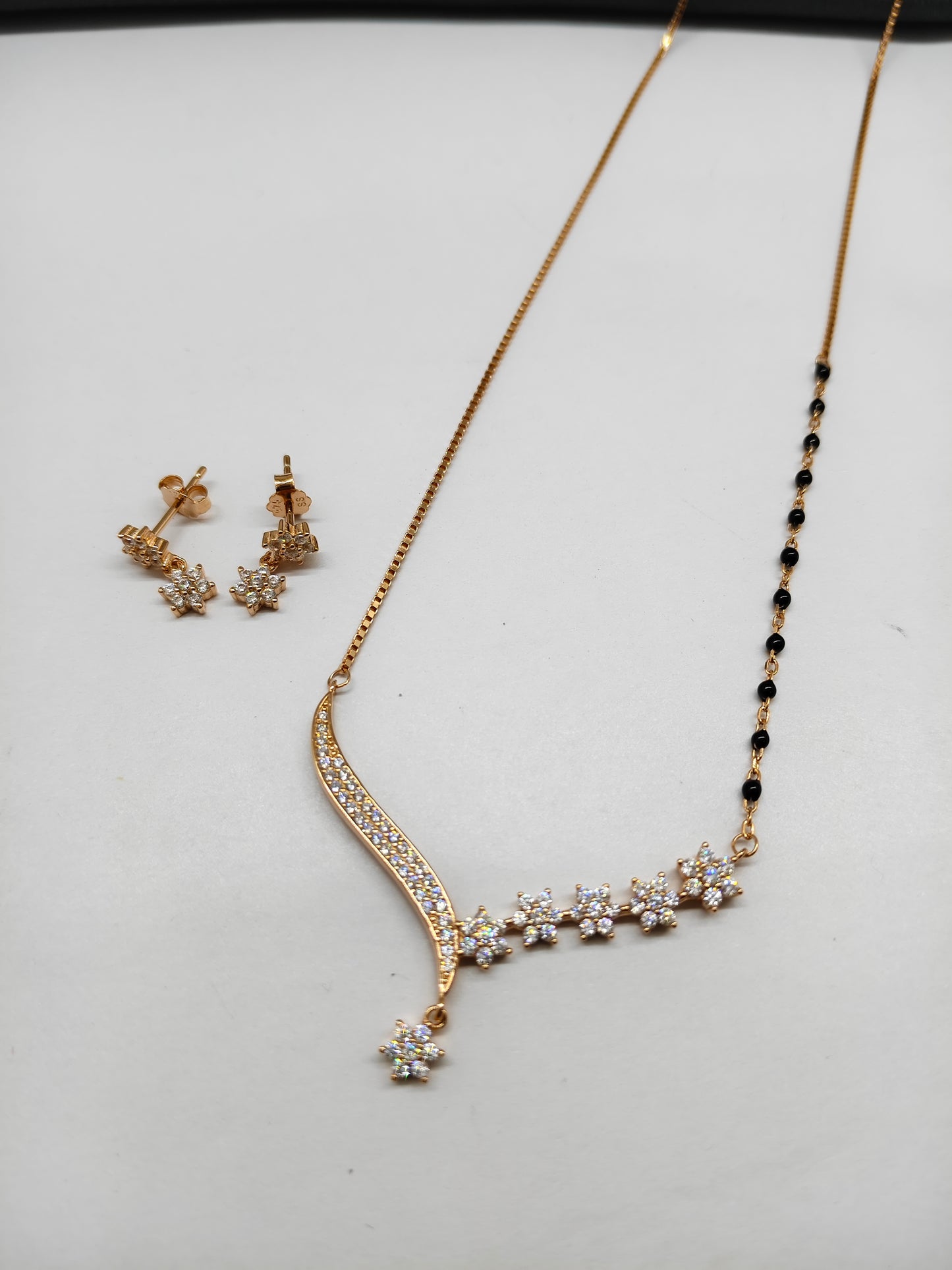 925 Silver Rose Gold Colour Mangalsutra Black Beads White Stone Necklace Set