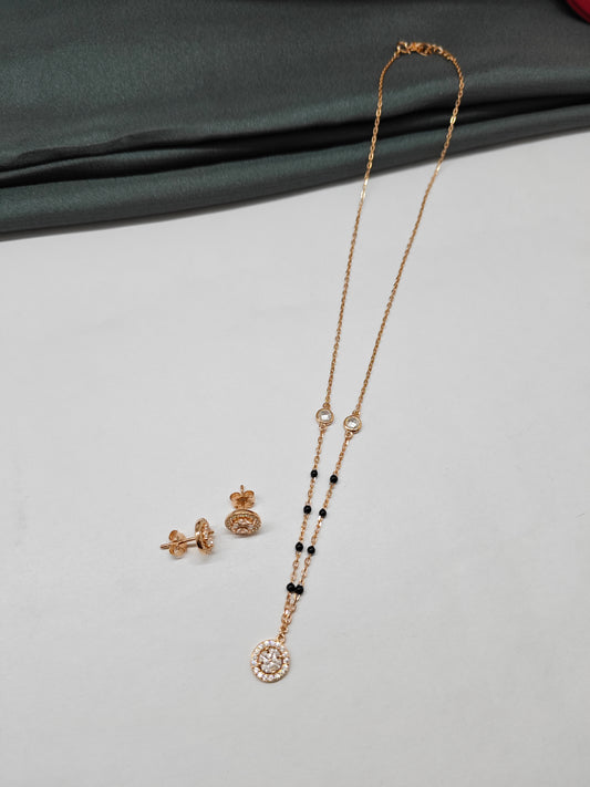 925 Silver Rose Gold Colour Mangalsutra Black Beads Round White Stone Necklace Set
