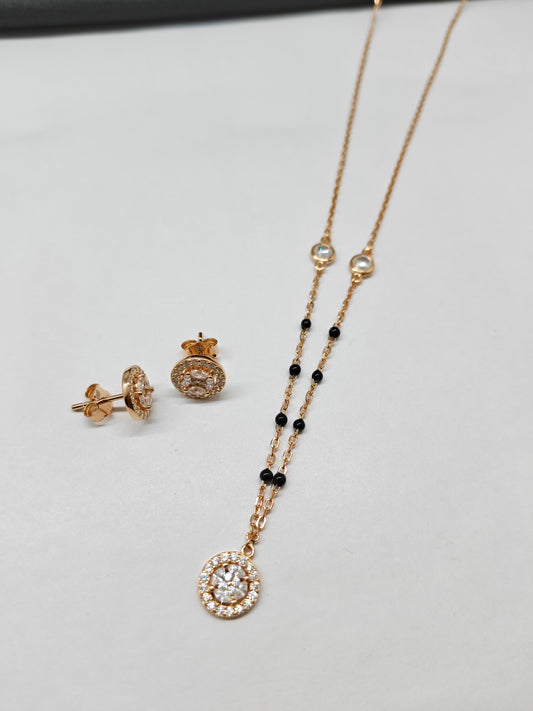 925 Silver Rose Gold Colour Mangalsutra Black Beads Round White Stone Necklace Set