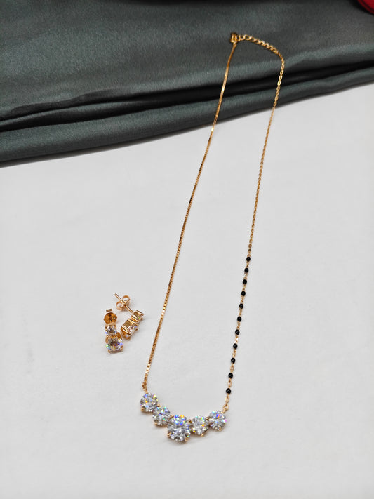 925 Silver Rose Gold Colour Mangalsutra Black Beads Multiple White Stone Necklace Set