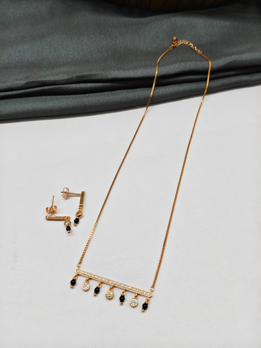 925 Silver Rose Gold Colour Mangalsutra Black Beads White Stone Necklace Set