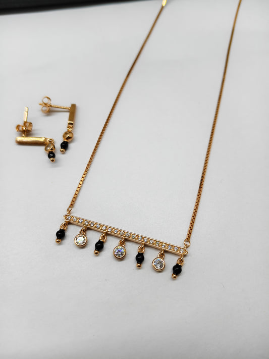 925 Silver Rose Gold Colour Mangalsutra Black Beads White Stone Necklace Set