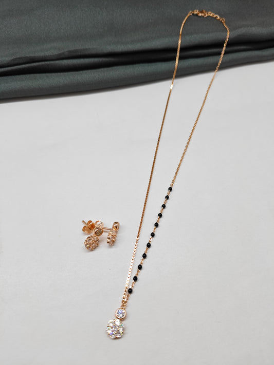 925 Silver Rose Gold Colour Mangalsutra Black Beads Round White Stone Necklace Set