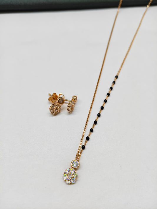 925 Silver Rose Gold Colour Mangalsutra Black Beads Round White Stone Necklace Set