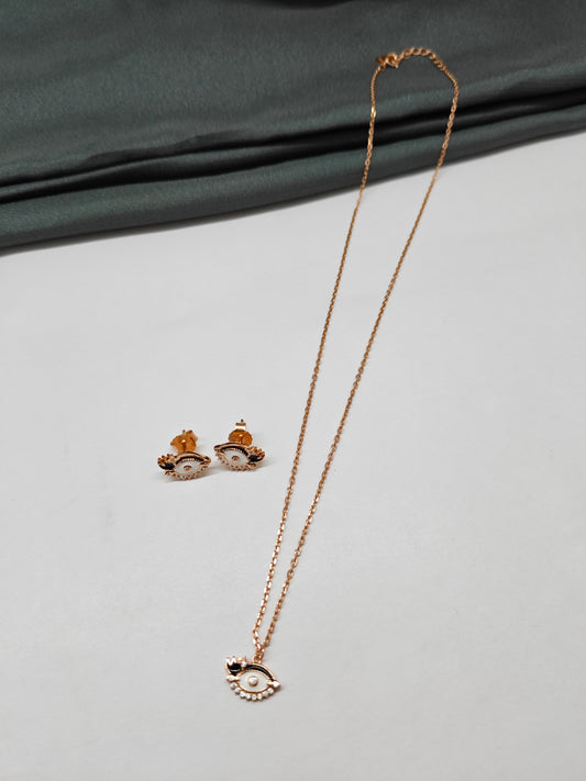 925 Silver Rose Gold Colour Evil Eye Black Enamel Design Necklace Set