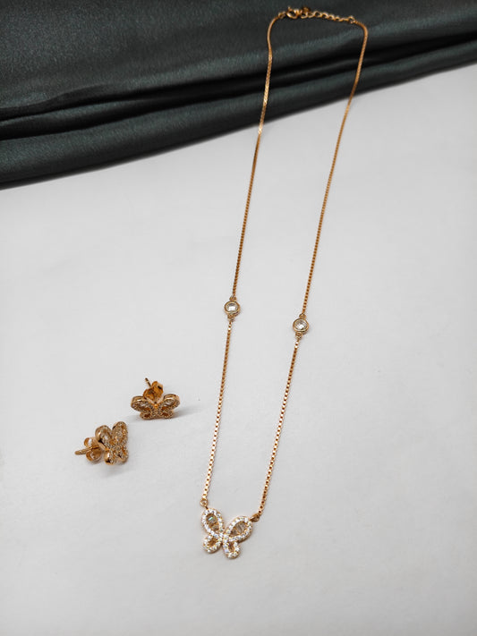 925 Silver Rose Gold Colour Butterfly Design Stone Necklace Set