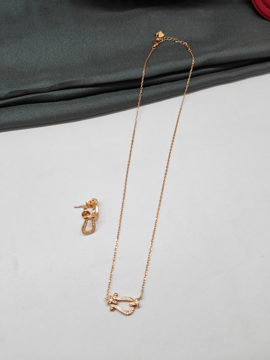 925 Silver Rose Gold Colour Horse Shoe Design Stone Necklace Set
