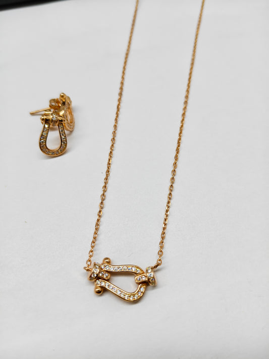 925 Silver Rose Gold Colour Horse Shoe Design Stone Necklace Set