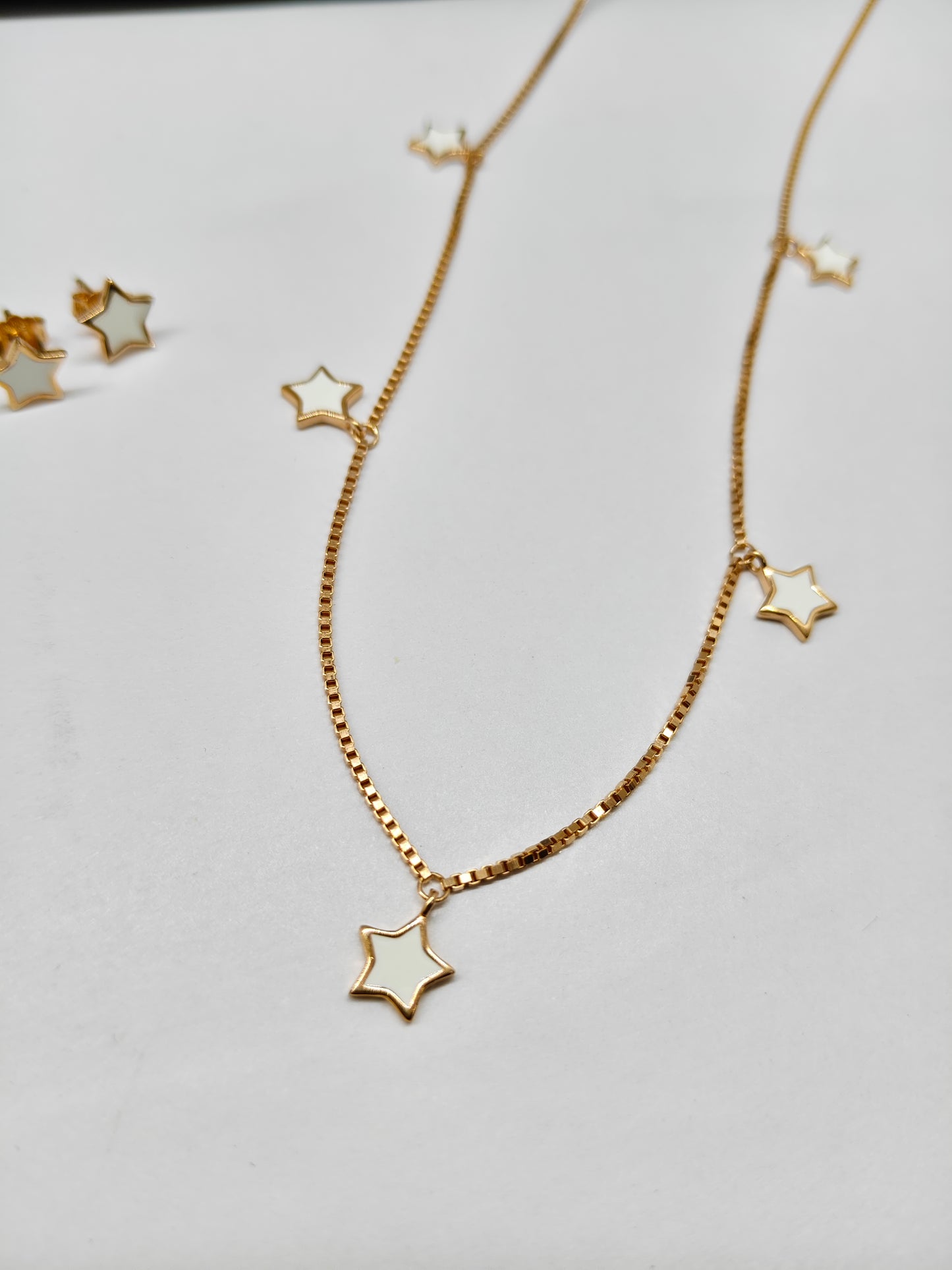 925 Silver Rose Gold Colour White Enamel Star Design Stone Necklace Set
