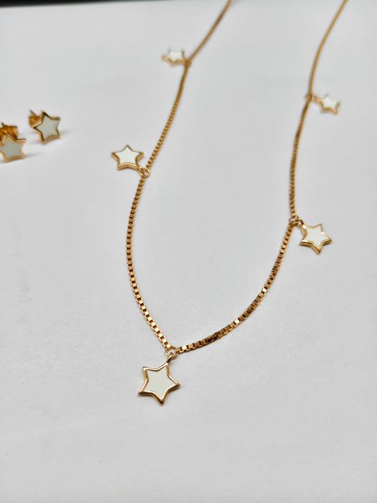 925 Silver Rose Gold Colour White Enamel Star Design Stone Necklace Set