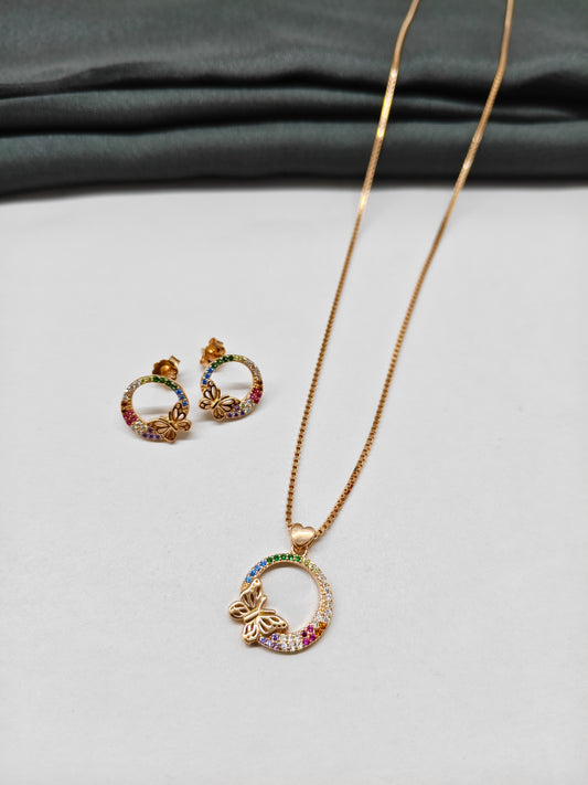 925 Silver Rose Gold Colour Multiple Colour Stone With Butterfly Design Set