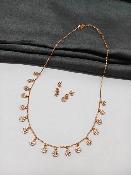 925 Silver Rose Gold Colour Flower Design Stone Necklace Set