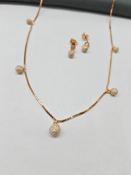 925 Silver Rose Gold Colour Stone Balls Hanging Design Necklace Set