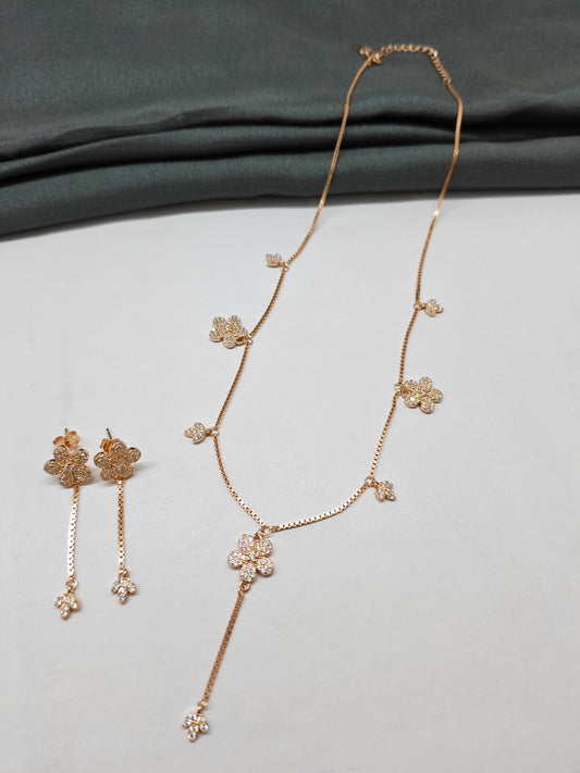 925 Silver Rose Gold Colour Flower Hanging Design Necklace Set