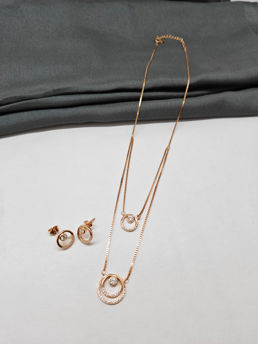925 Silver Rose Gold Colour Double Layer Round Design Necklace Set