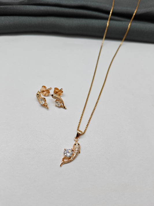 925 Silver Rose Gold Colour Black Stone With White Stone Dolphin Set