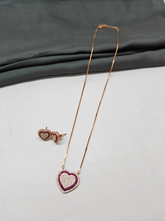 925 Silver Rose Gold Colour White Stone With Ruby Heart Design Set