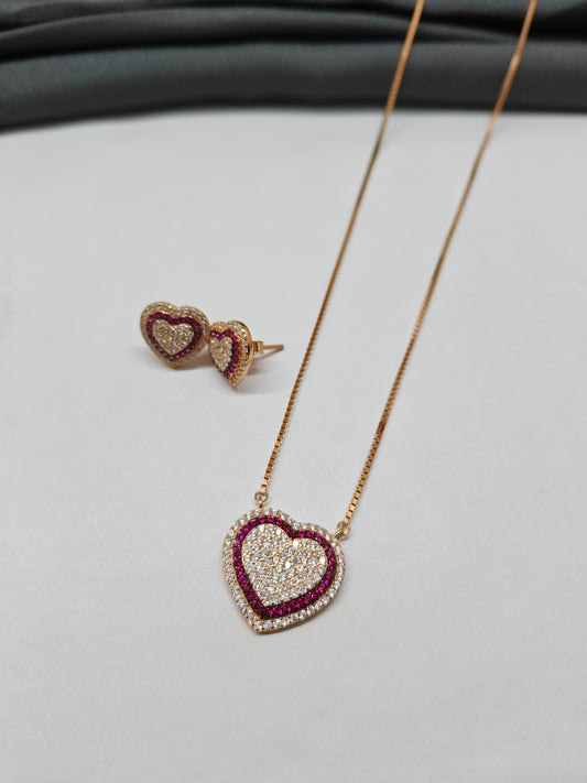 925 Silver Rose Gold Colour White Stone With Ruby Heart Design Set