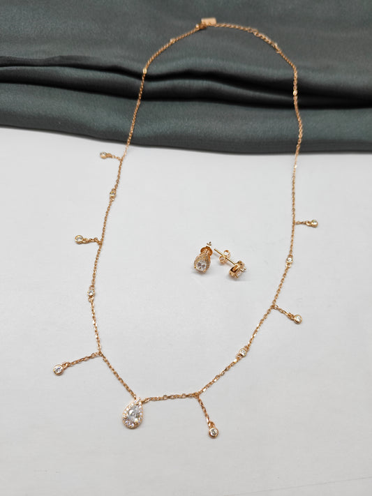 925 Silver Rose Gold Colour Multiple White Stone Design Necklace Set