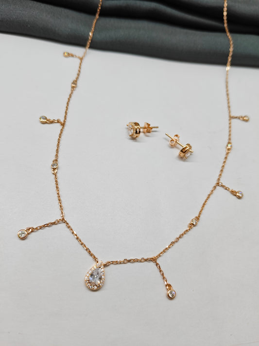 925 Silver Rose Gold Colour Multiple White Stone Design Necklace Set