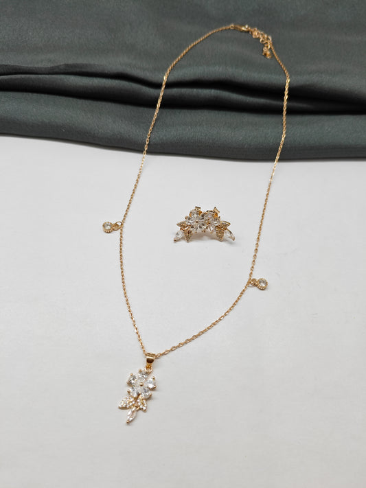 925 Silver Rose Gold Colour Flower With Branch Design White Stone Set