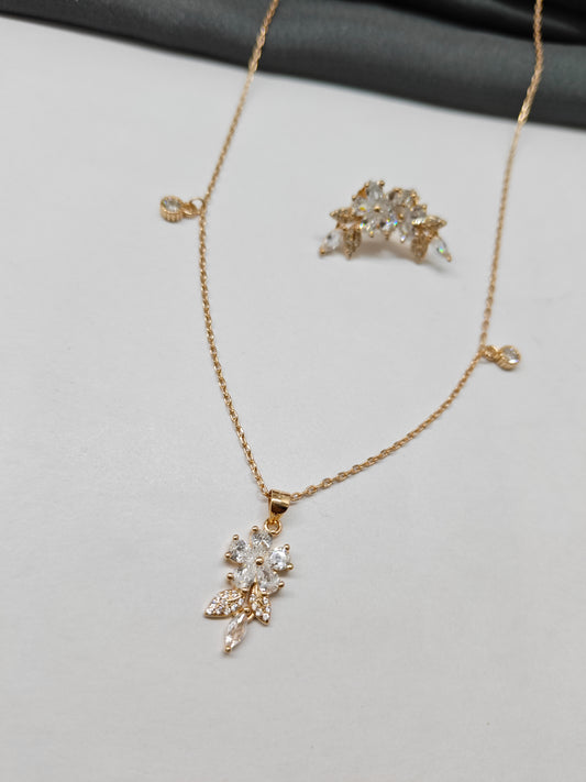 925 Silver Rose Gold Colour Flower With Branch Design White Stone Set