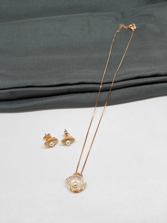 925 Silver Rose Gold Colour Pearl In Shell Oyster Design Set