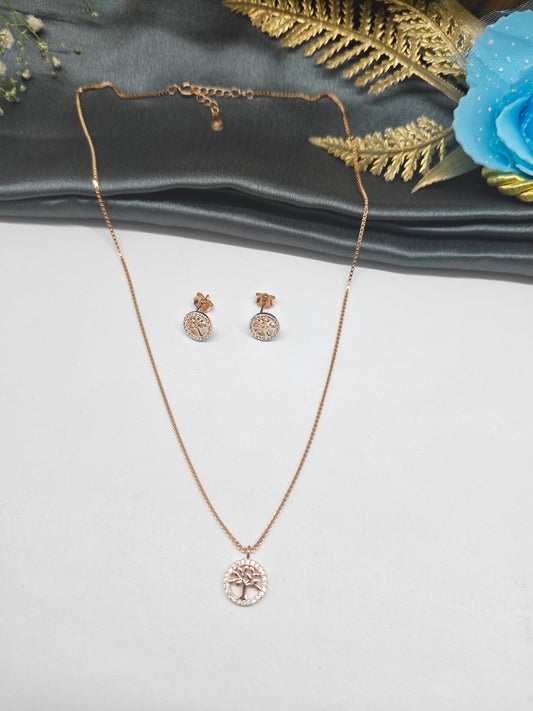 925 Silver Rose Gold Colour Round Tree Pendant Chain Design Set With Earring