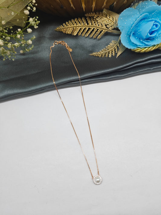 925 Silver Rose Gold Colour Pearl White Stone Design Chain Pendant