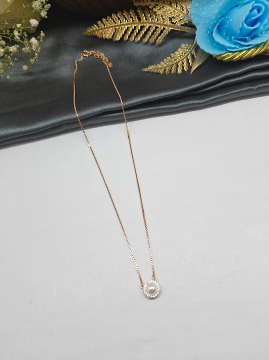 925 Silver Rose Gold Colour Pearl White Stone Design Chain Pendant