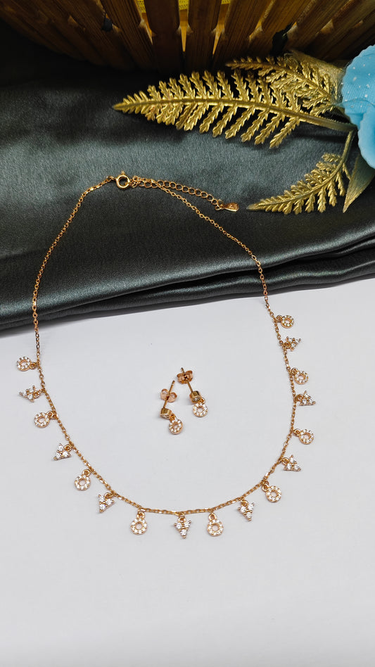 925 Silver Rose Gold Colour Round and Triangle Hanging Design Stone Necklace Set