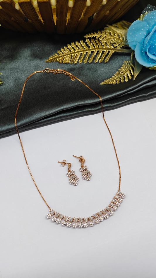 925 Silver Rose Gold Colour White Stone Design Necklace Set