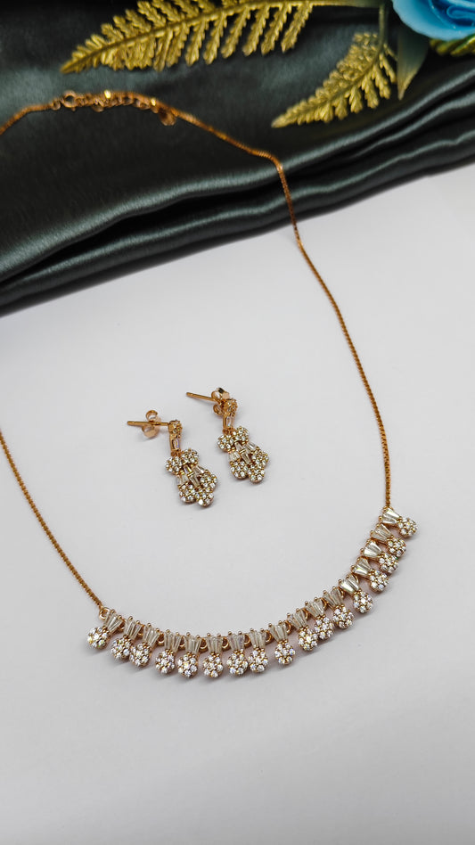 925 Silver Rose Gold Colour White Stone Design Necklace Set