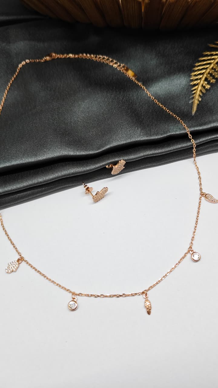 925 Silver Rose Gold Colour Hanging Charms Design Set With Earring