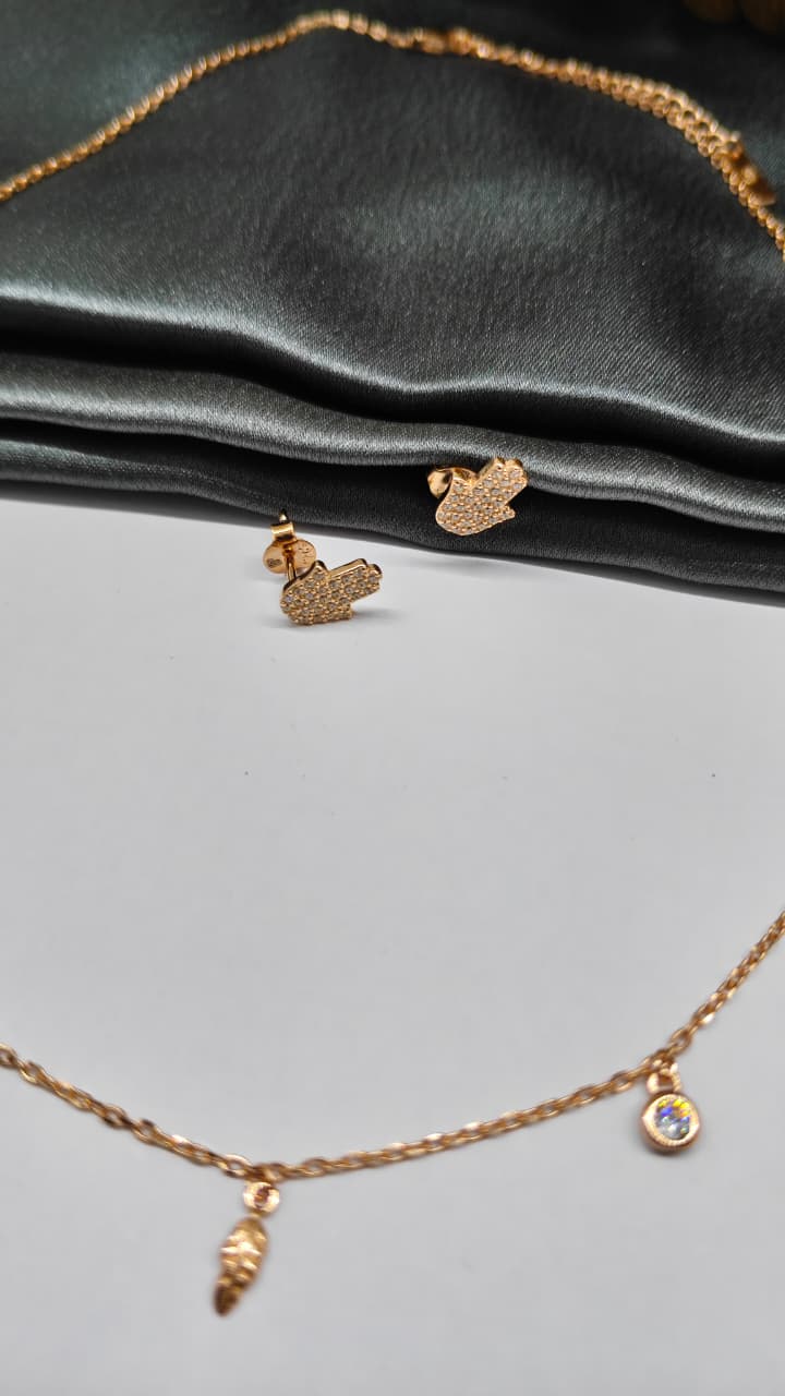 925 Silver Rose Gold Colour Hanging Charms Design Set With Earring