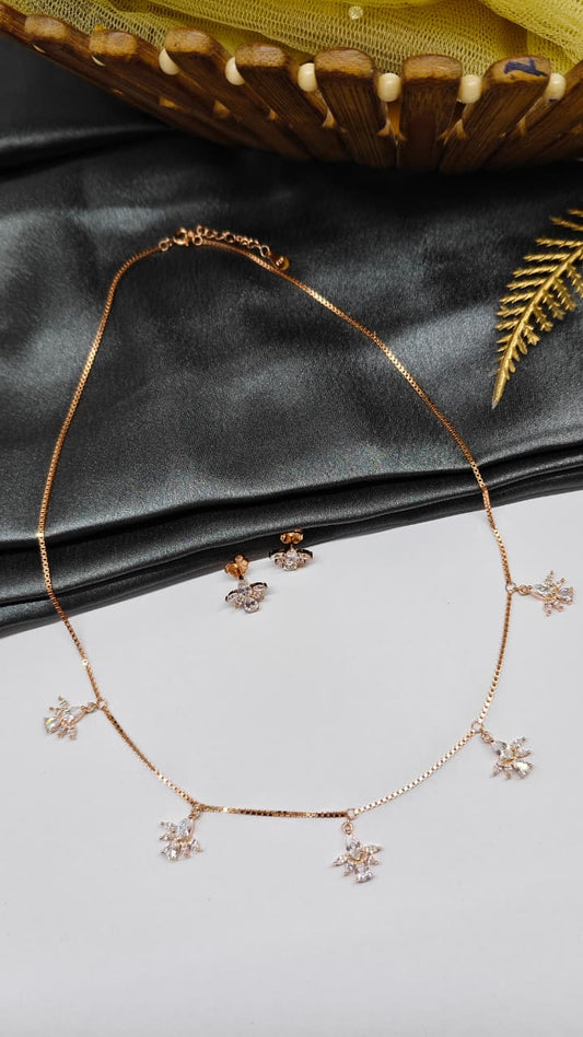 925 Silver Rose Gold Colour Full White Stone Flower Hanging Design Set With Earring