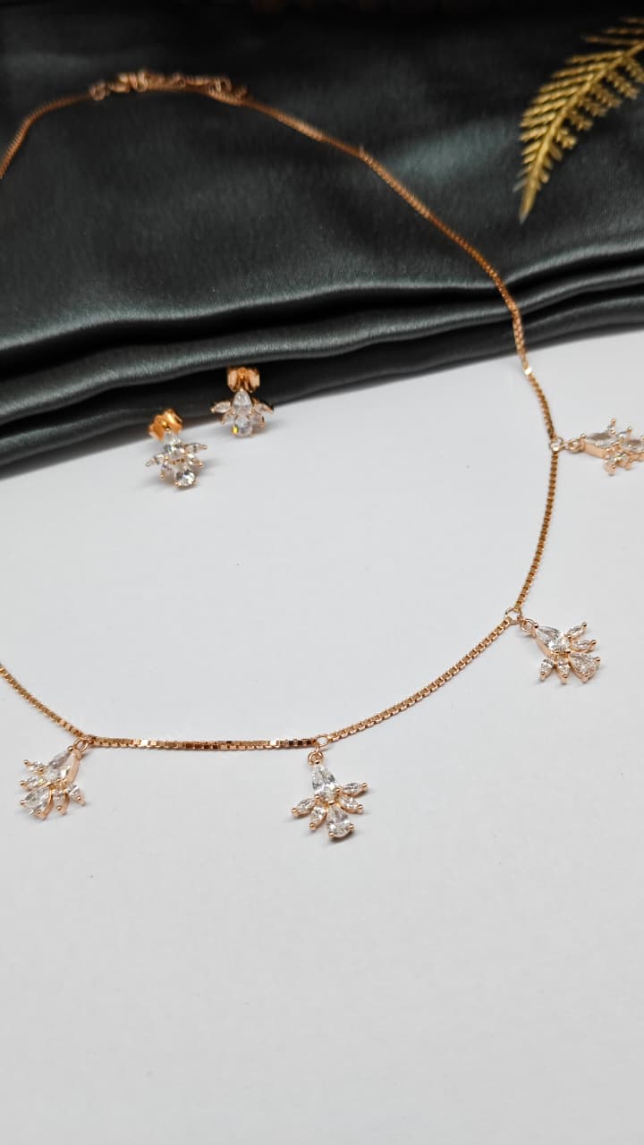 925 Silver Rose Gold Colour Full White Stone Flower Hanging Design Set With Earring