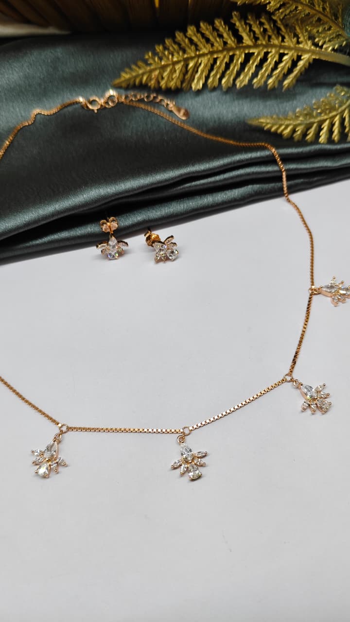 925 Silver Rose Gold Colour Full White Stone Flower Hanging Design Set With Earring
