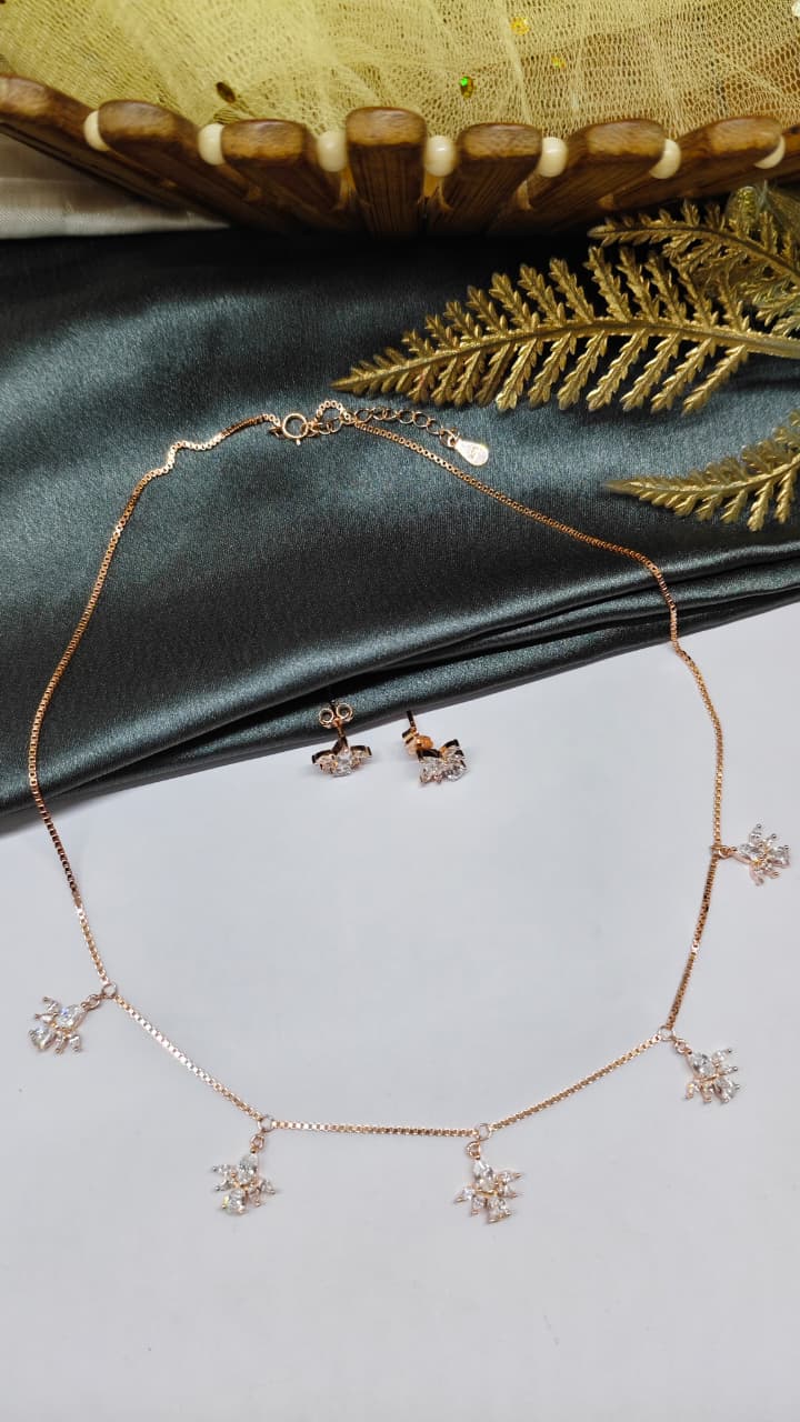 925 Silver Rose Gold Colour Full White Stone Flower Hanging Design Set With Earring