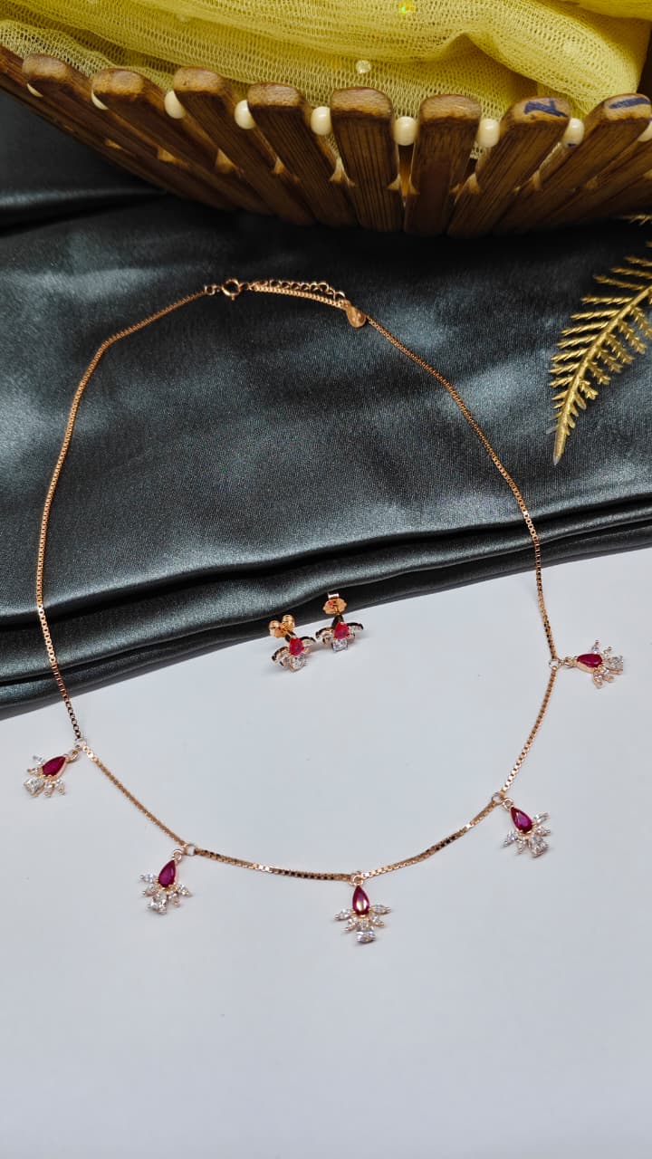 925 Silver Rose Gold Colour White With Red Stone Flower Hanging Design Set With Earring