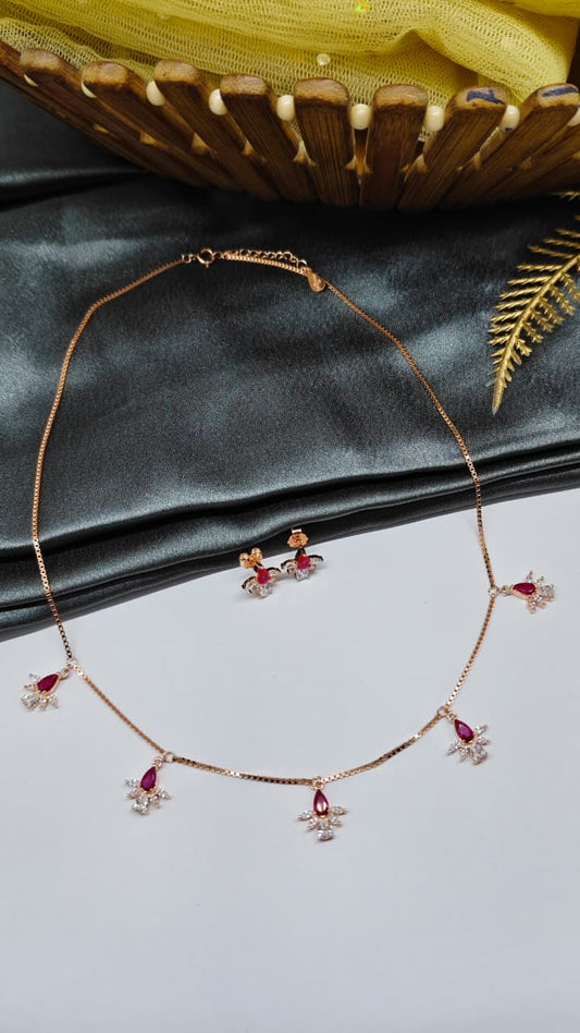 925 Silver Rose Gold Colour White With Red Stone Flower Hanging Design Set With Earring