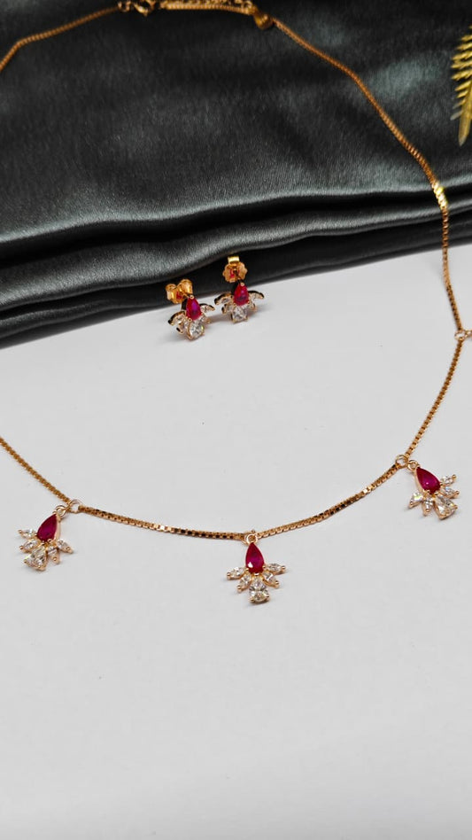 925 Silver Rose Gold Colour White With Red Stone Flower Hanging Design Set With Earring